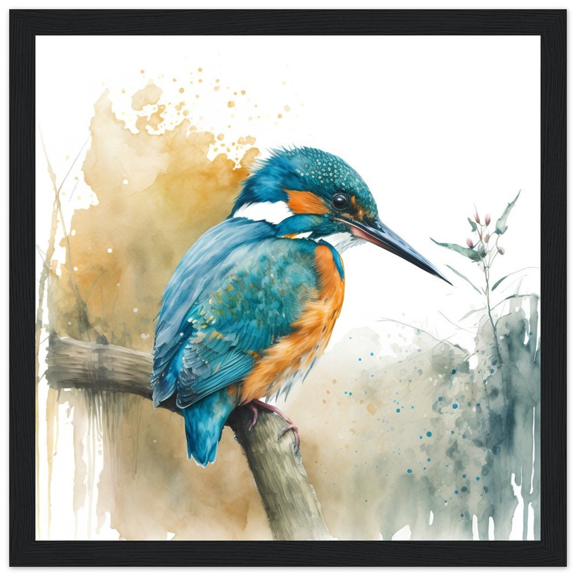 Kingfisher Watercolour Painting Perched Branch Bird Art Poster