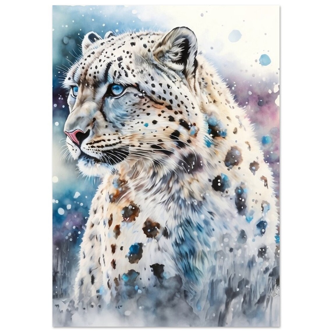 Snow Leopard Watercolour Art Print, Wildlife Study