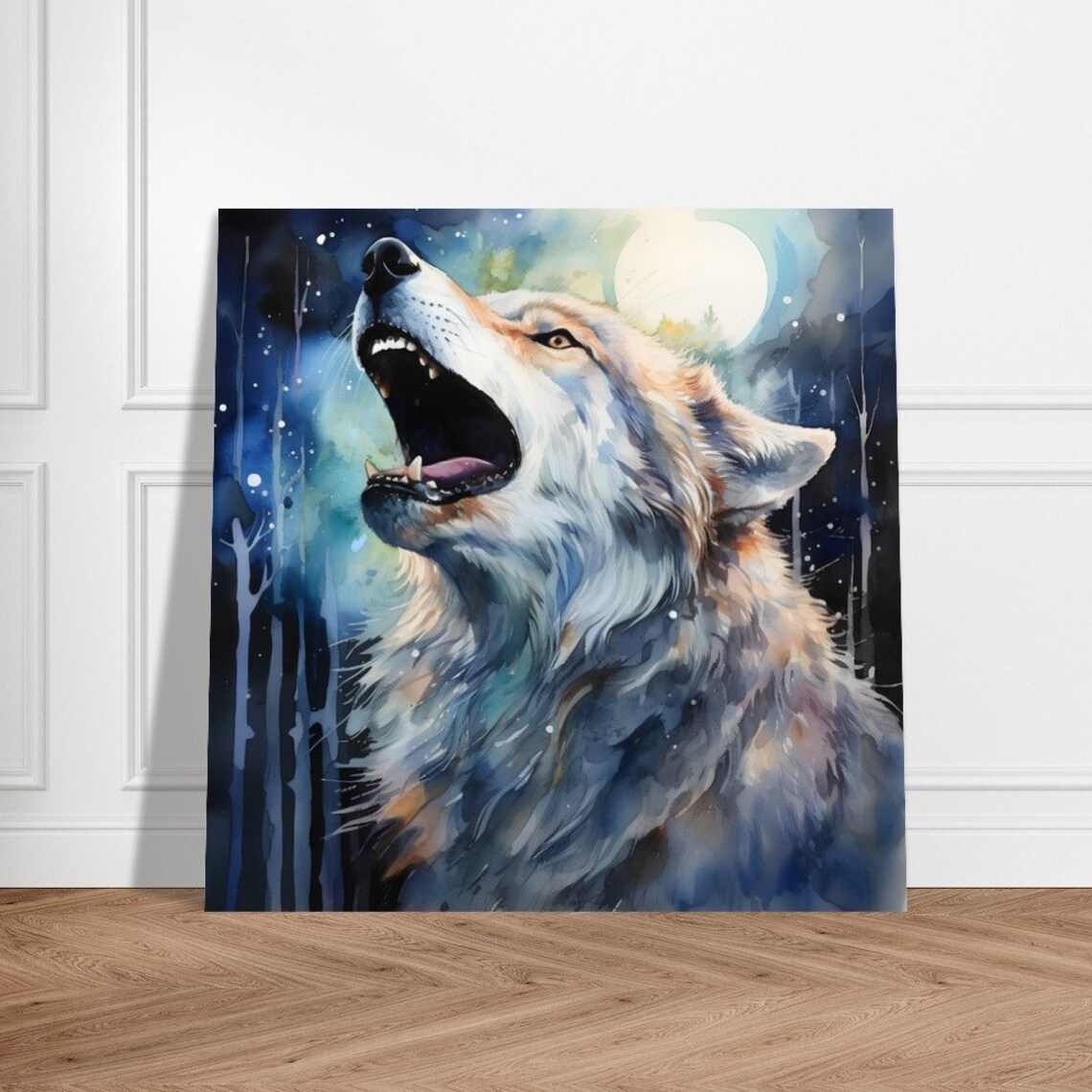 Howling Wolf Watercolour Painting Moonlit Night Forest Art Poster - Image 3