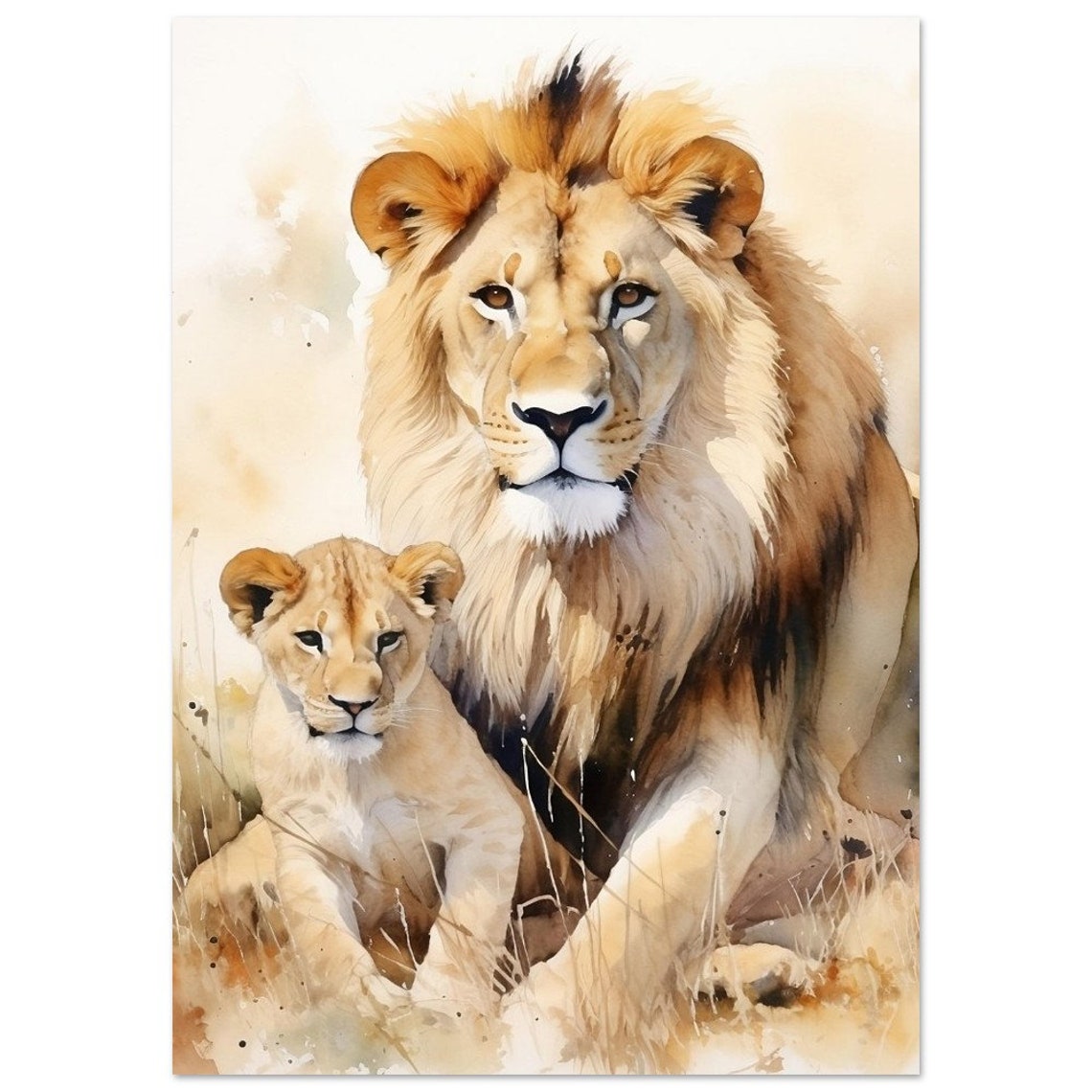 Lion And Cub Resting In Grass Watercolour Wildlife Family Poster