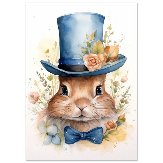 Cute Rabbit Blue Top Hat Bow Tie Watercolour Floral Art Poster