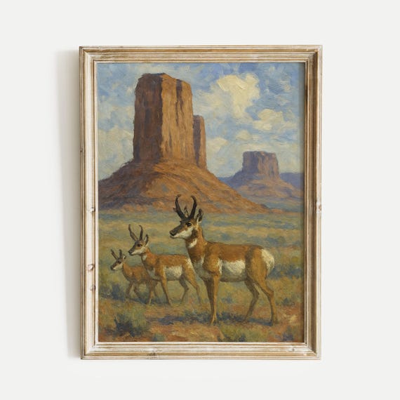 Pronghorn Nature Oil Painting Print Vintage Wall Art Home And Office Living Room Bedroom Nursery Decor
