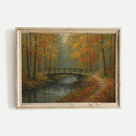 Forest With Bridge Over A Stream Oil Painting Print Vintage Nature Wall Art Home Office Living Room Bedroom Decor