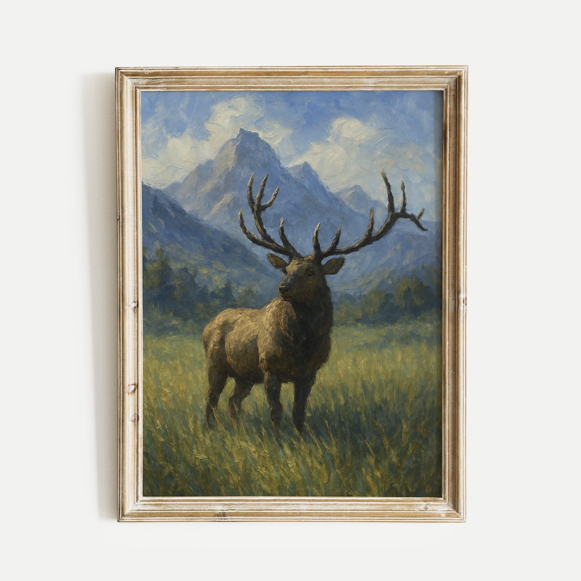 Bull Elk With Grand Antlers Mountain Meadow Wildlife Painting Poster
