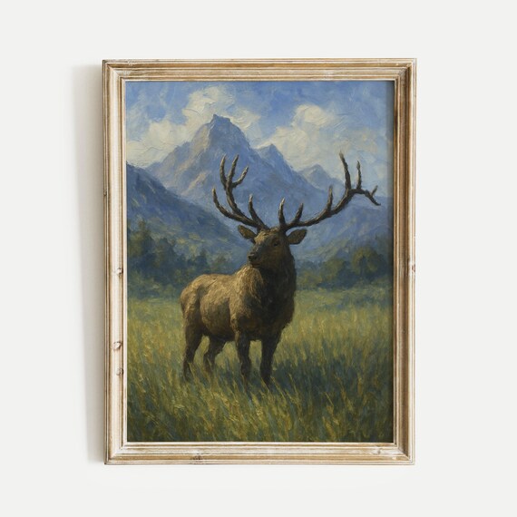 Bull Elk With Grand Antlers Mountain Meadow Wildlife Painting Poster