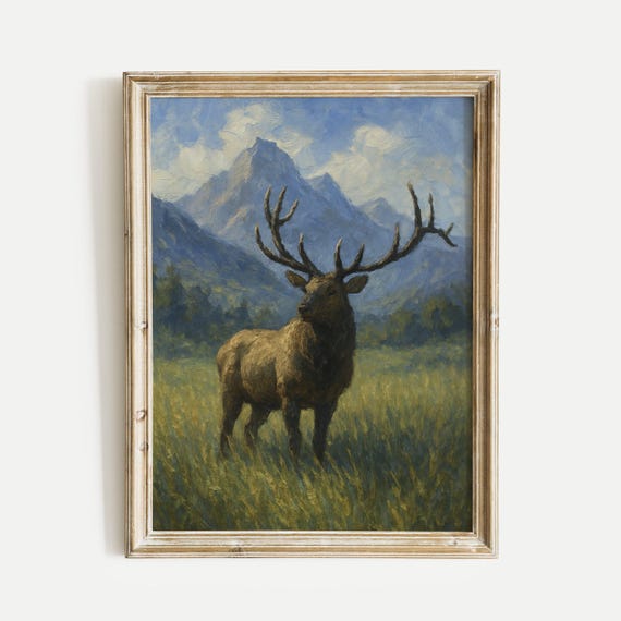 Elk Nature Mountain Oil Painting Print Vintage Wall Art Home And Office Living Room Bedroom Nursery Decor
