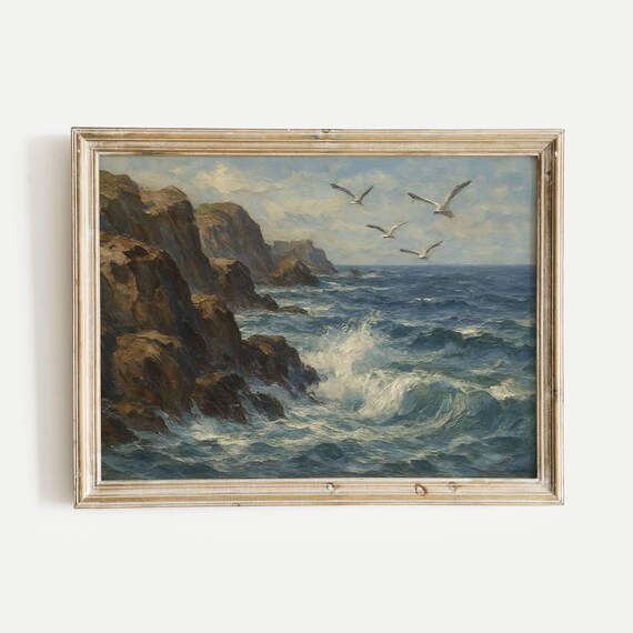 Waves Crashing on Dark Rocky Ocean Cliffs With Soaring Seagulls Poster