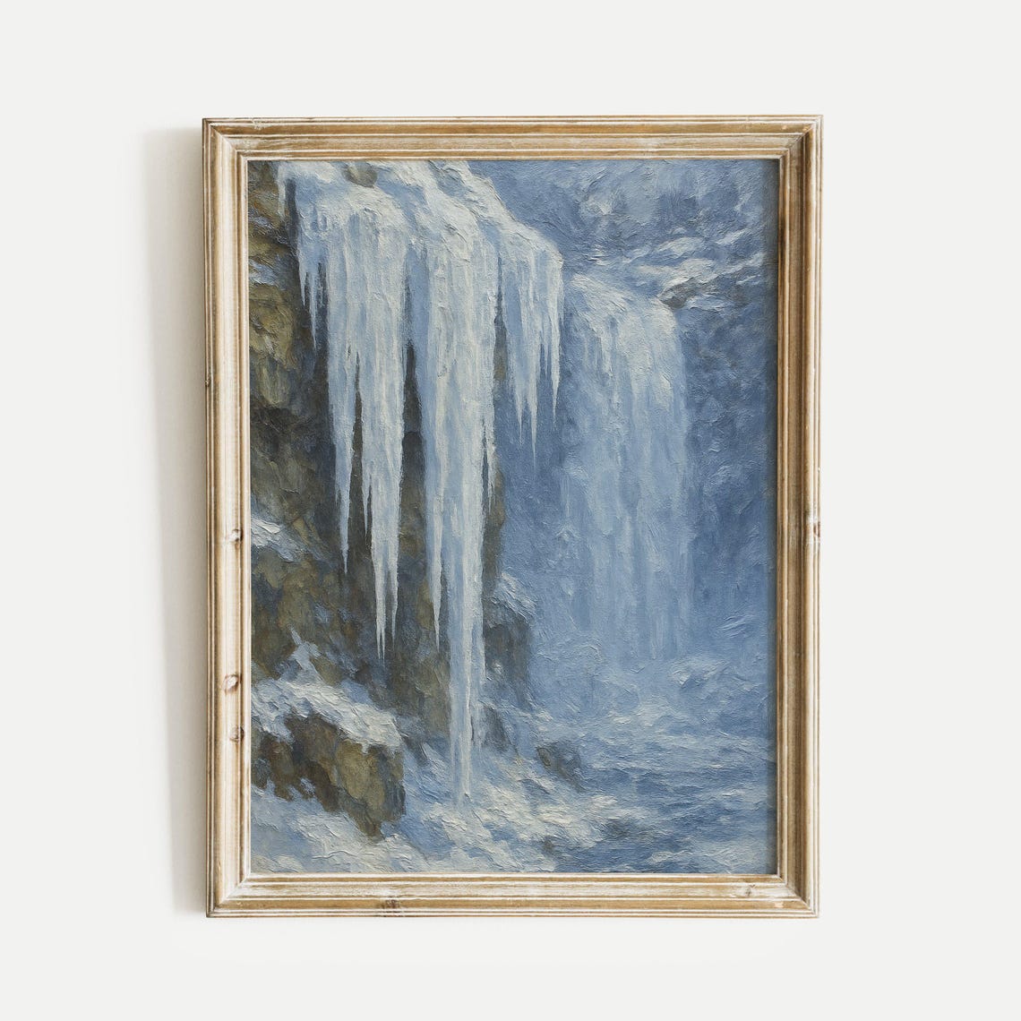Frozen Blue Waterfall With Icicles Winter Oil Painting Poster