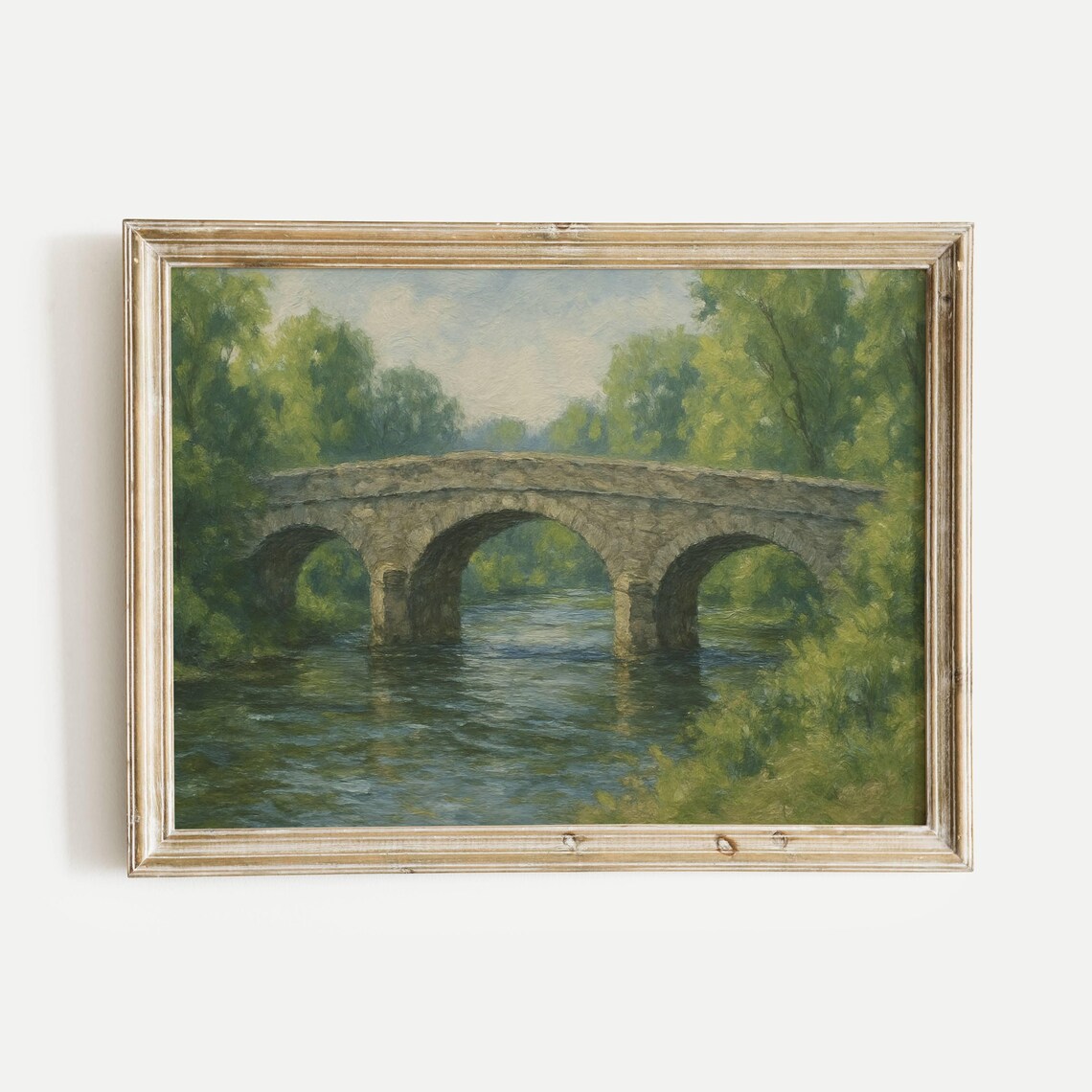 Old Stone Arch Bridge Over Calm River Lush Green Oil Painting Poster