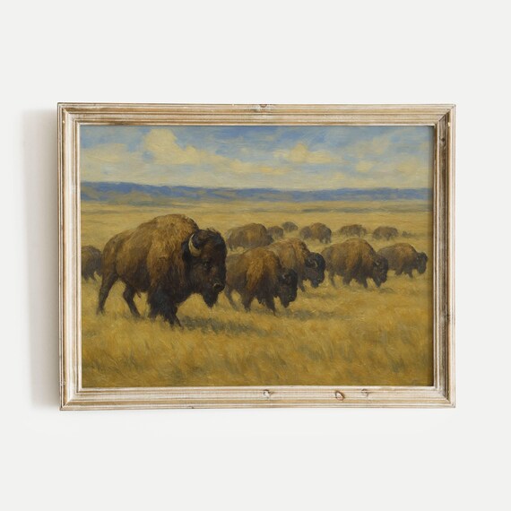 Bison Herd Roaming Across A Prairie Oil Painting Print Vintage Nature Wall Art Home Office Living Room Bedroom Decor