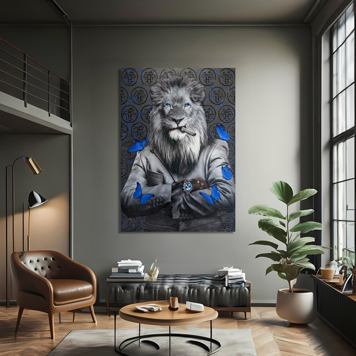 Stylish Lion With Blue Butterflies, Modern Animal Art Print - Image 3