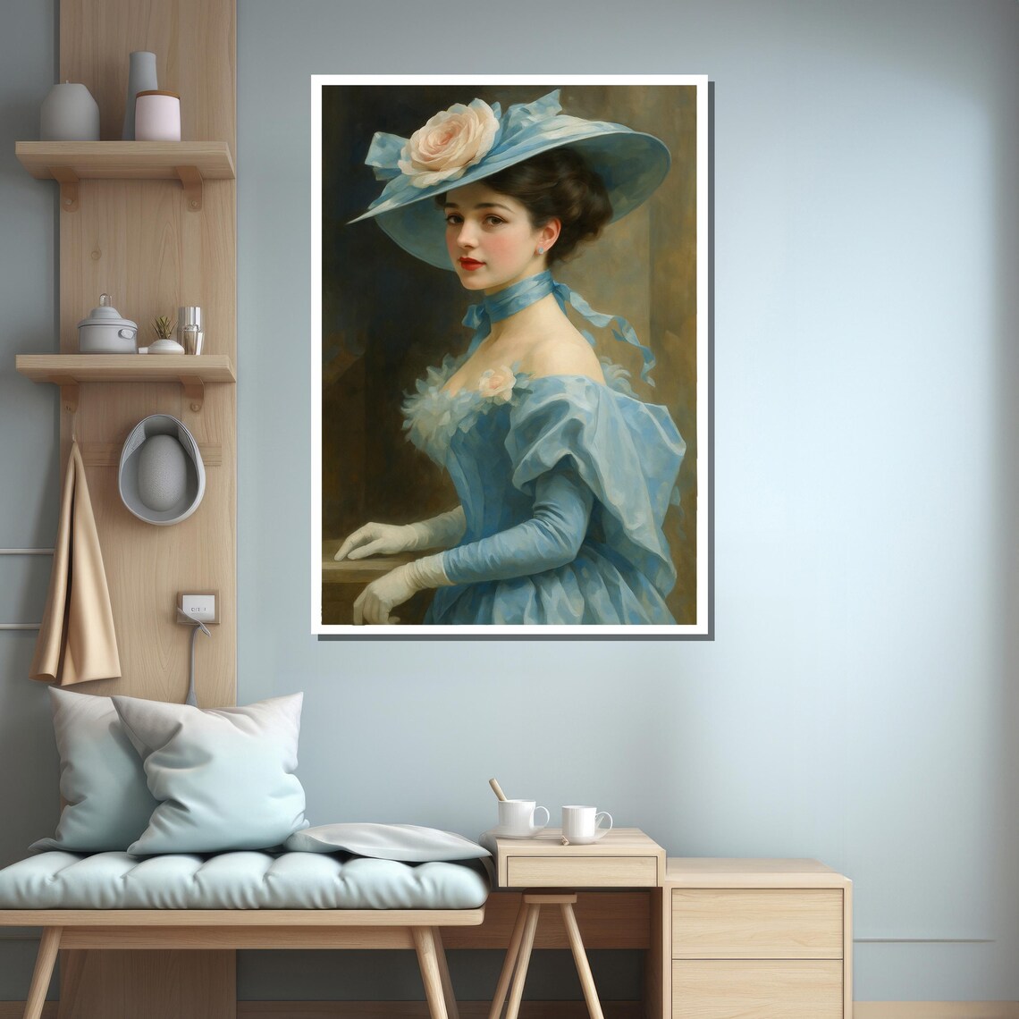 Elegant Lady In Blue Dress Art Print - Image 3