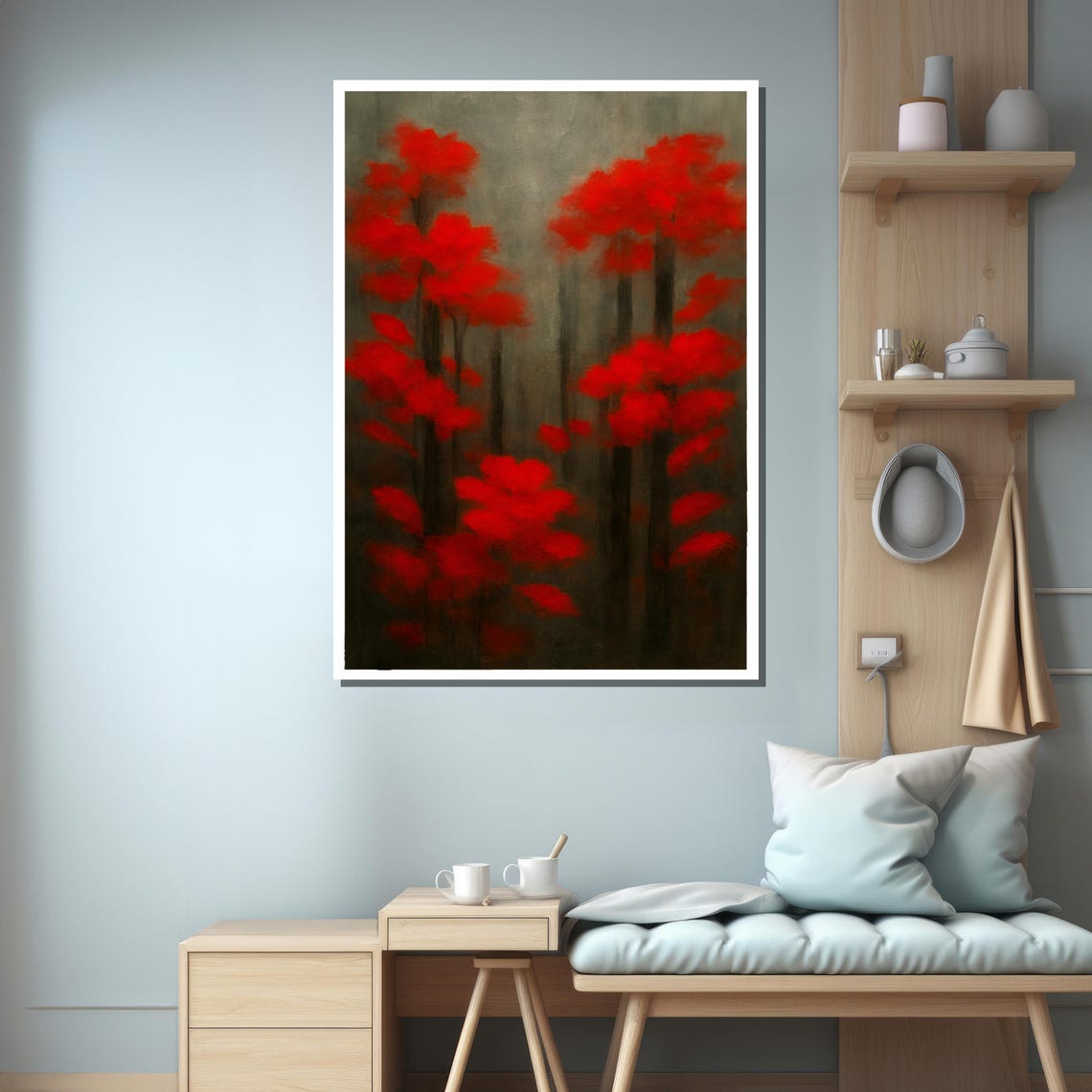 Misty Forest With Vibrant Red Trees Framed Or Unframed Art Print For Elegant Living Room Wall Decor - Image 3