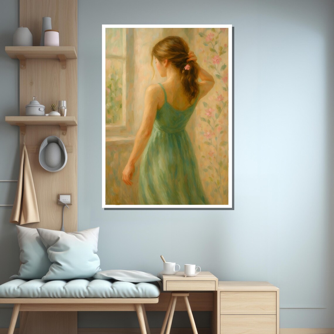 Romantic Woman in Green Dress at Sunlit Window Painting Poster - Image 3