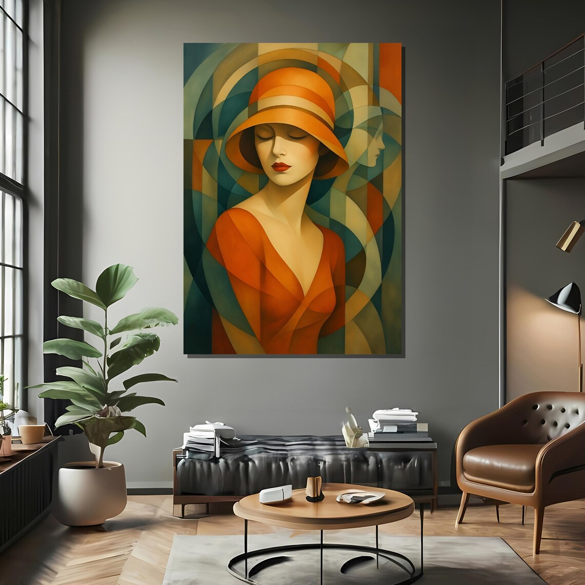 Art Deco Woman in Orange Hat Geometric Portrait Painting Poster - Image 2