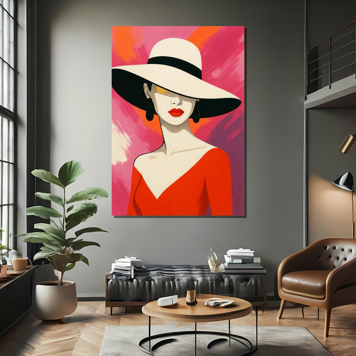 Modern Red Dress Woman Portrait Art Print - Image 2