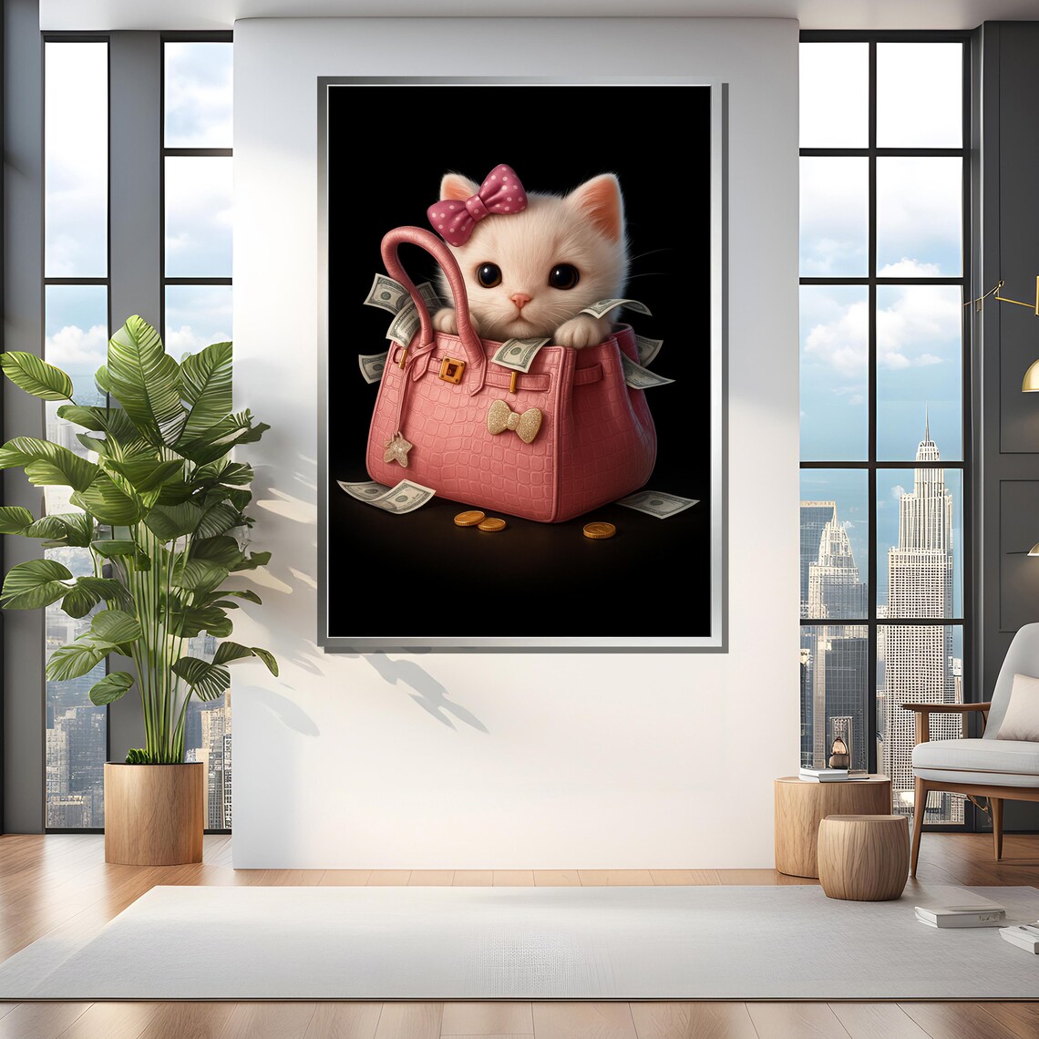 Luxury Cat In Pink Bag, Money Art Print - Image 4