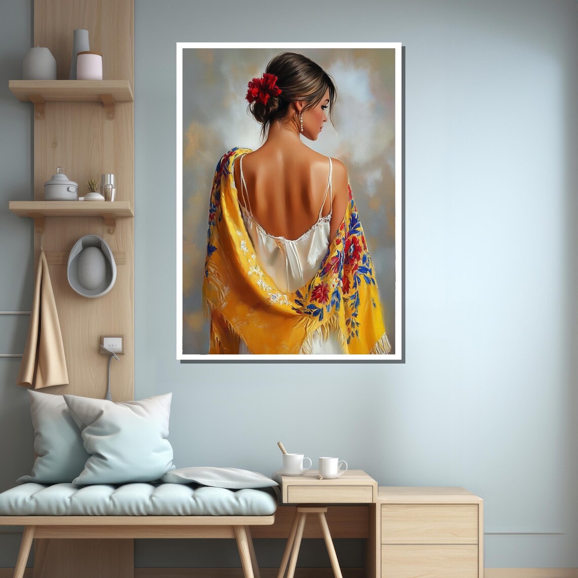 Woman With Yellow Floral Shawl, Elegant Ethnic Decor - Image 2