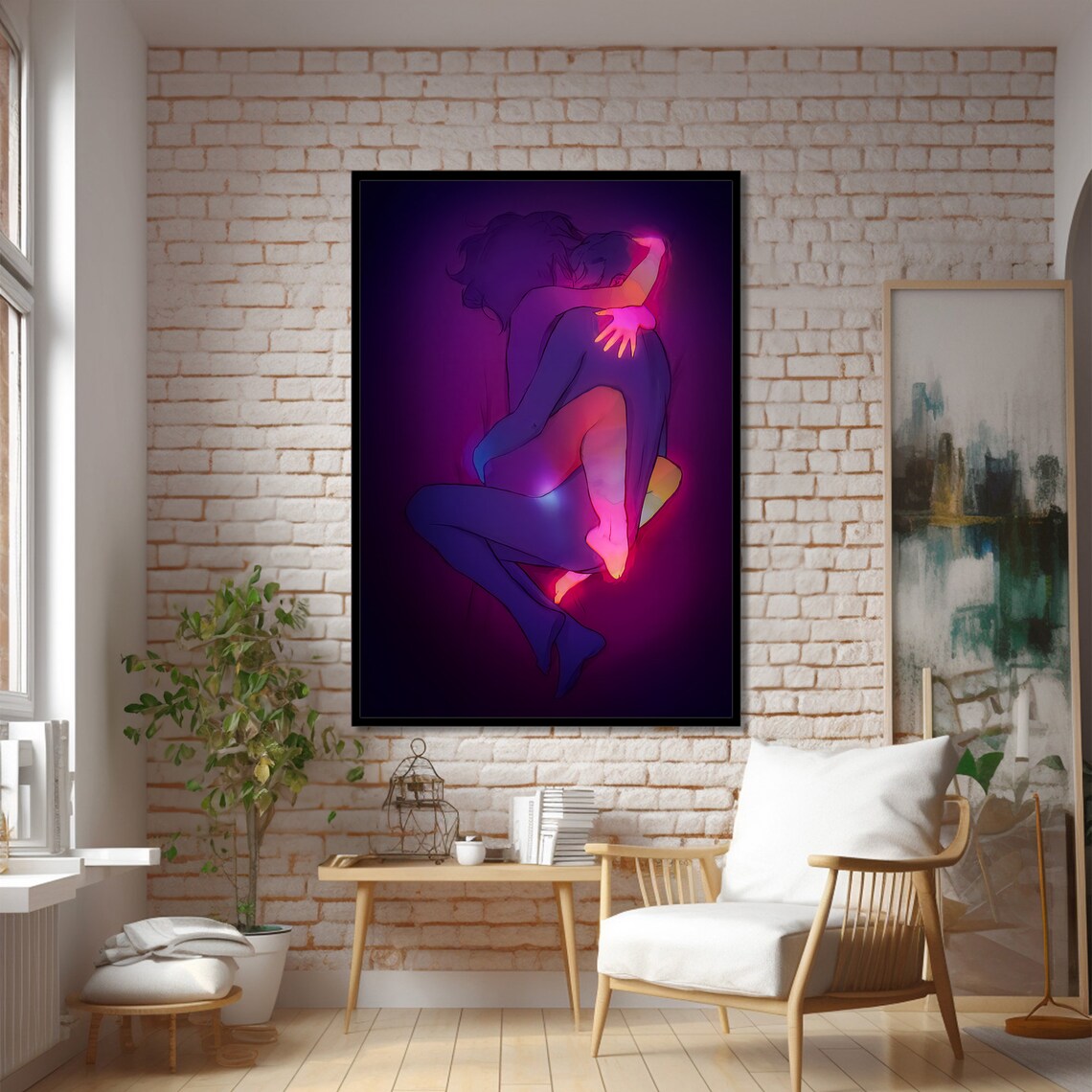 Passionate Neon Embrace, Minimalist Sensual Painting - Image 2