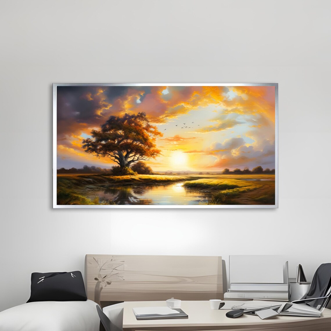 Sunset Landscape, Peaceful Tree By The River - Image 3
