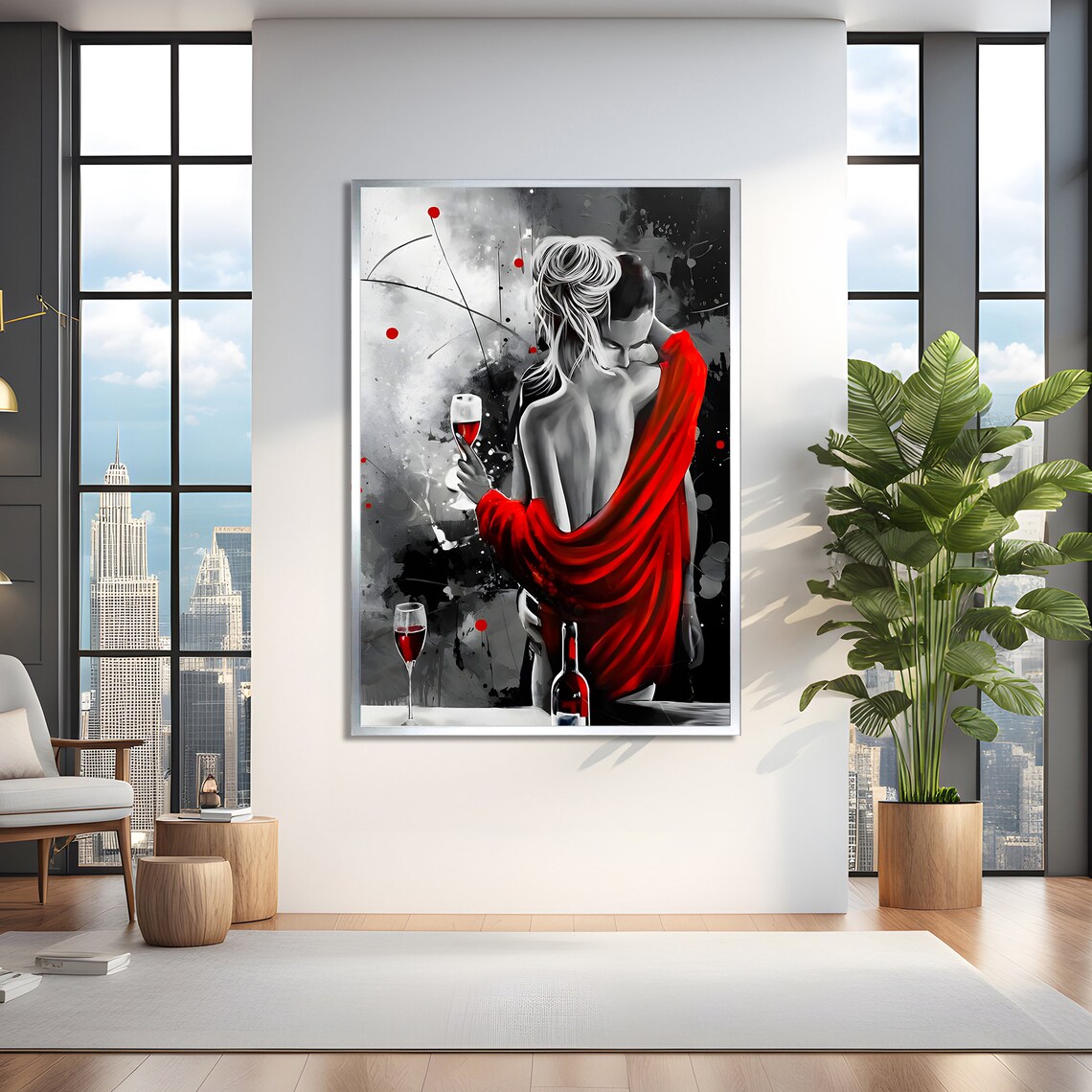 Romantic Red Embrace, Lovers With Wine Art Print - Image 2