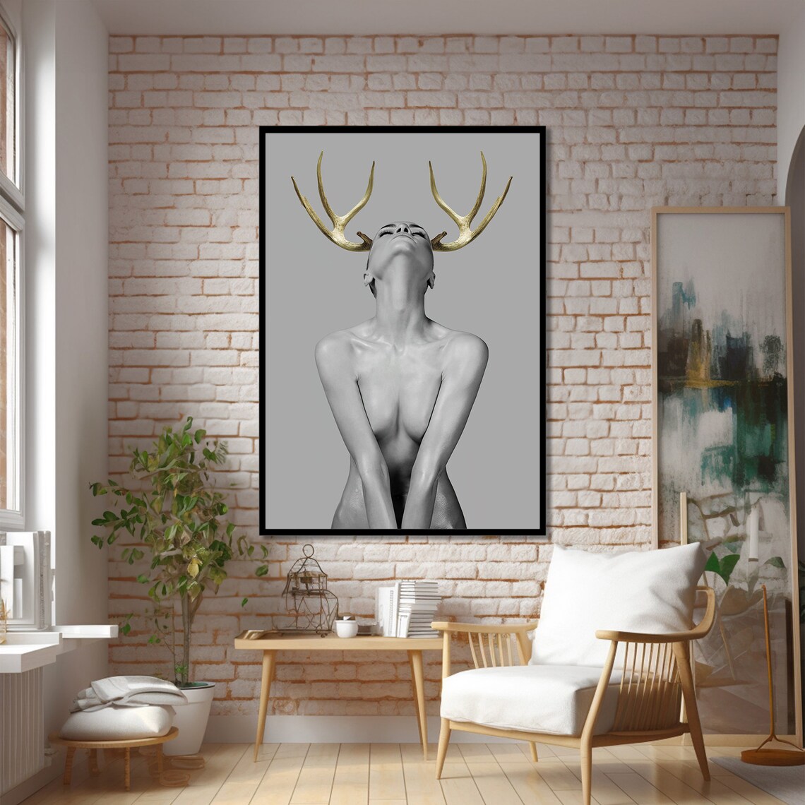 Ethereal Nude Woman With Golden Antlers, Minimalist Art Print - Image 2
