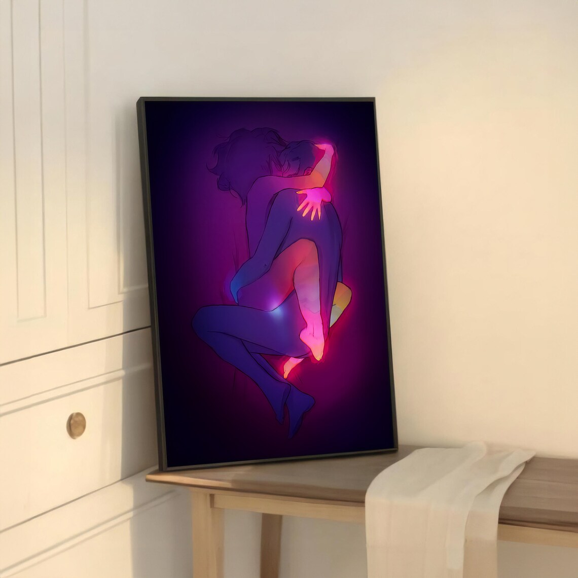 Passionate Neon Embrace, Minimalist Sensual Painting - Image 5