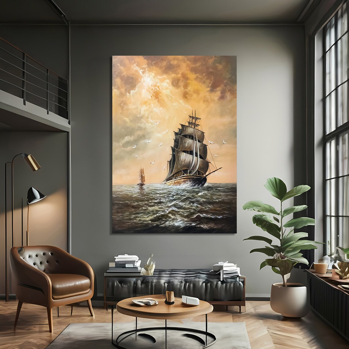 Golden Horizon Ship, Elegant Nautical Art Print - Image 3