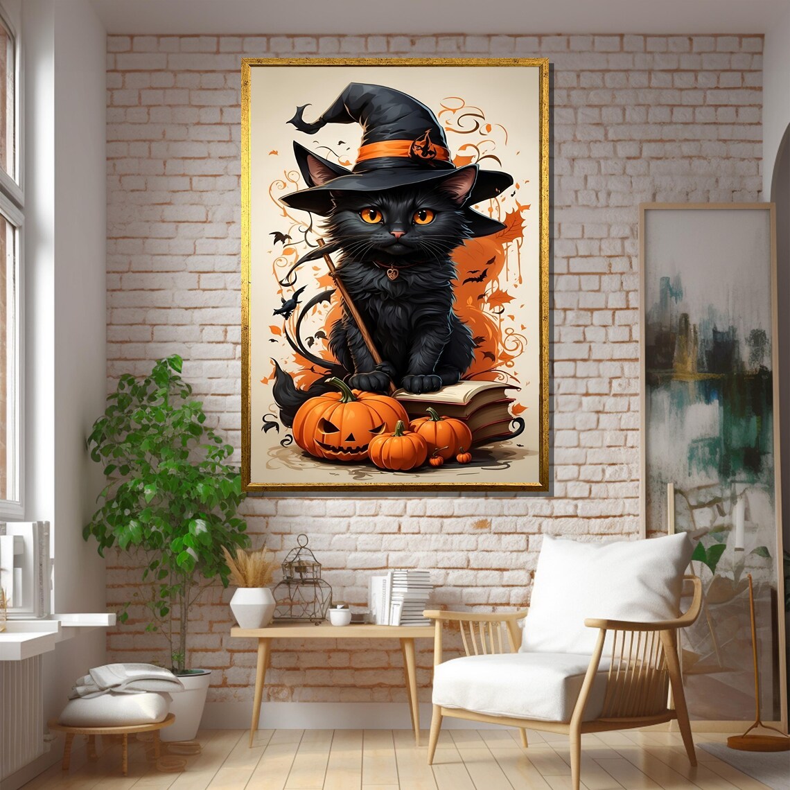 Black Witch Cat With Pumpkins Cute Halloween Spooky Animal Poster - Image 5