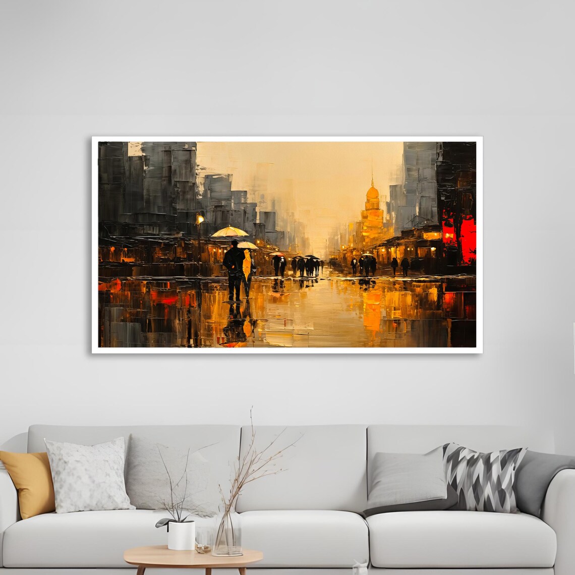 Abstract Cityscape Painting, Rainy Street Scene - Image 2