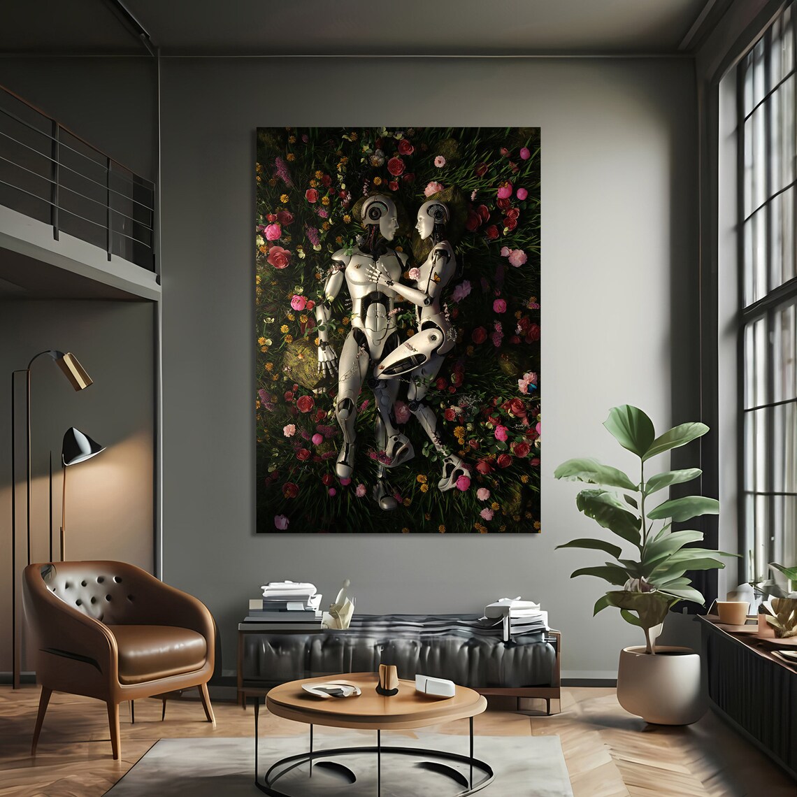 Robotic Lovers Resting in a Flower Field, Art Print - Image 4