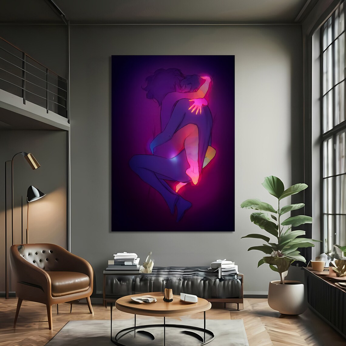 Passionate Neon Embrace, Minimalist Sensual Painting - Image 4