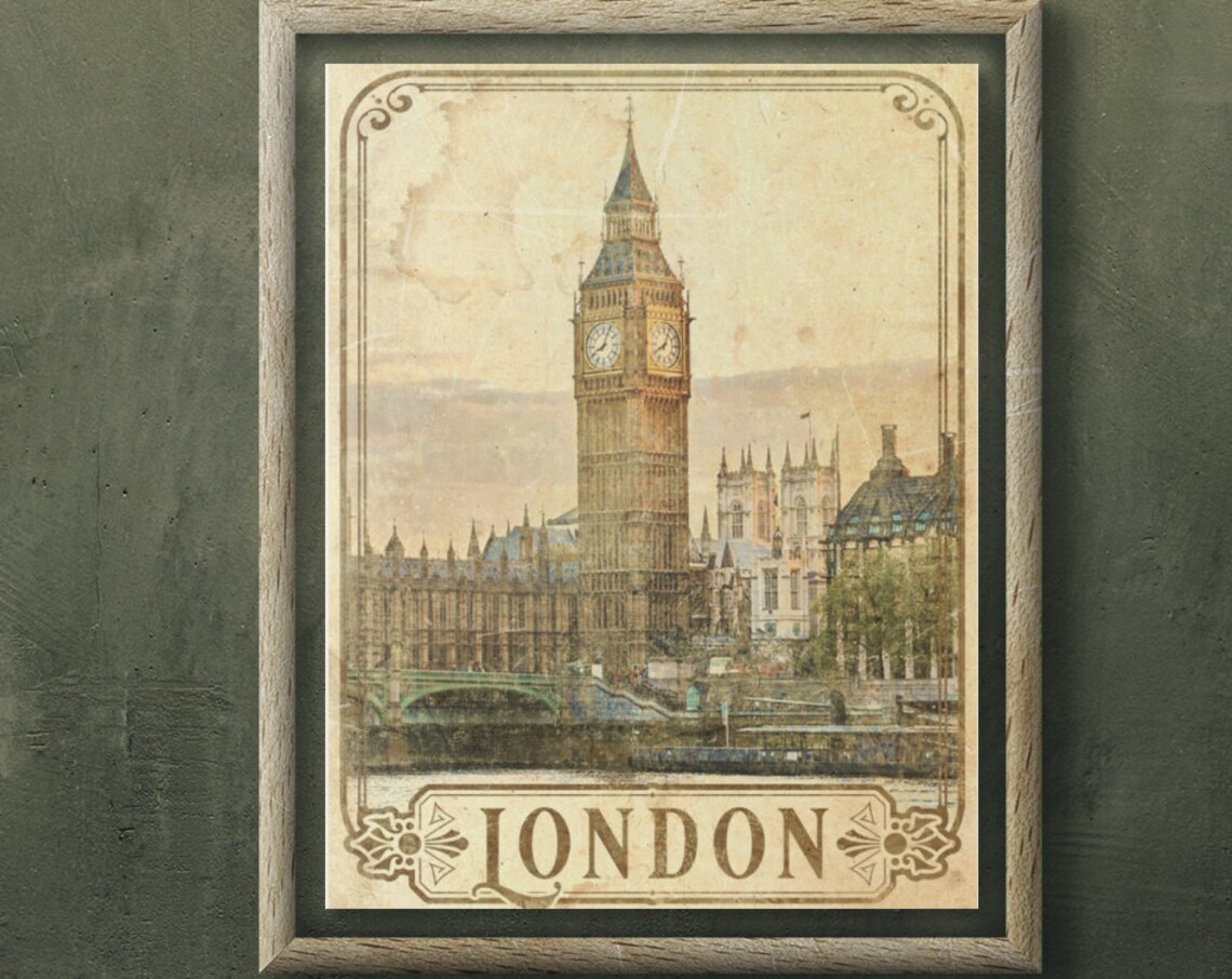 London Big Ben Westminster Clock Tower Vintage Photo Travel Poster