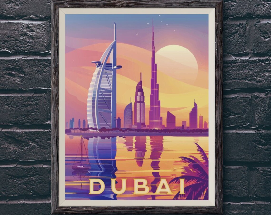 Dubai Skyline Sunset Poster with Burj Al Arab and Burj Khalifa