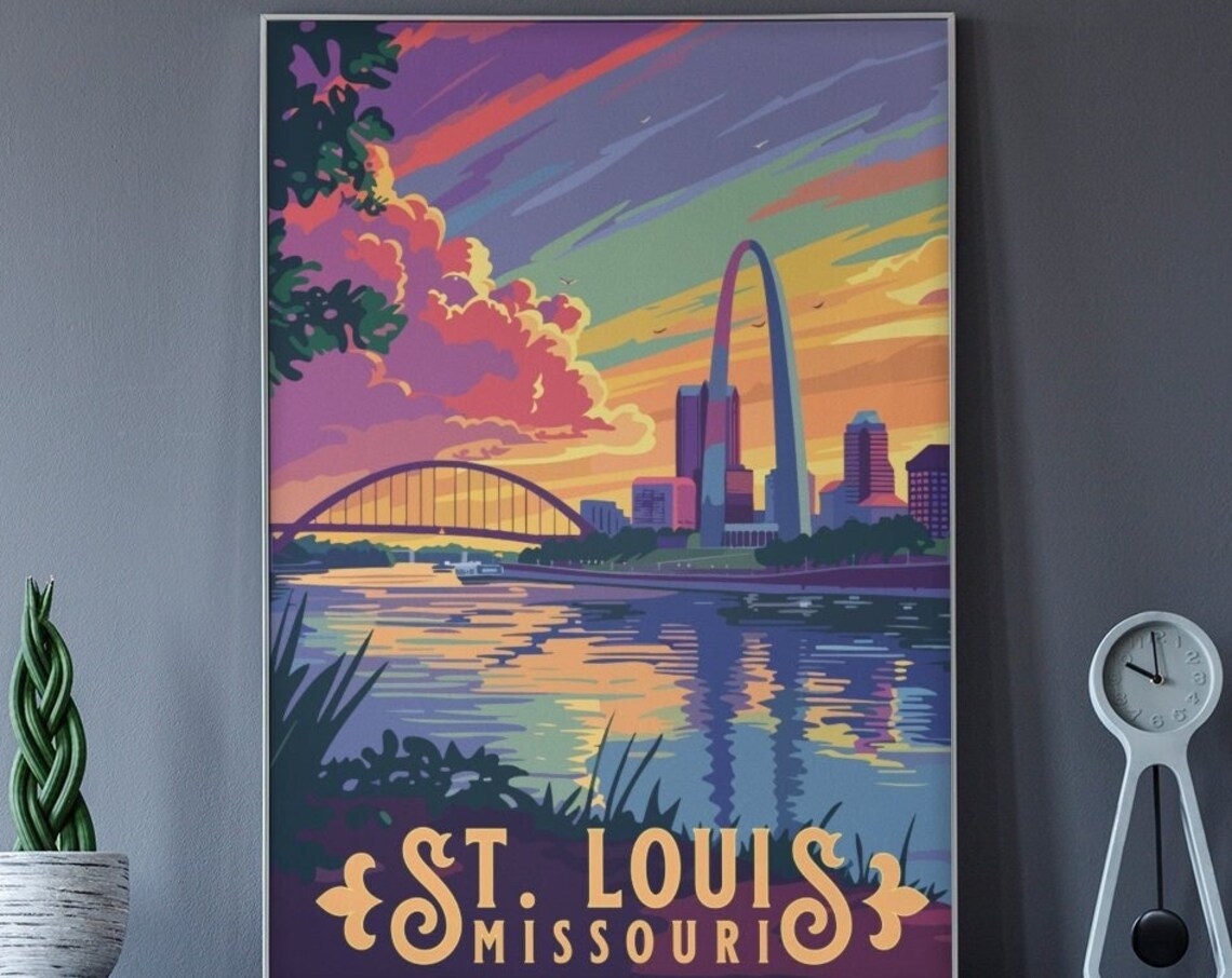 St Louis Missouri Arch Bridge Sunset City Vintage Travel Poster