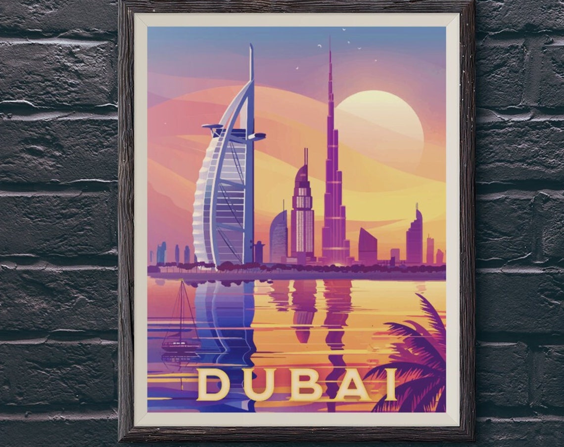 Dubai Sunset Skyline with Burj Al Arab and Burj Khalifa Poster
