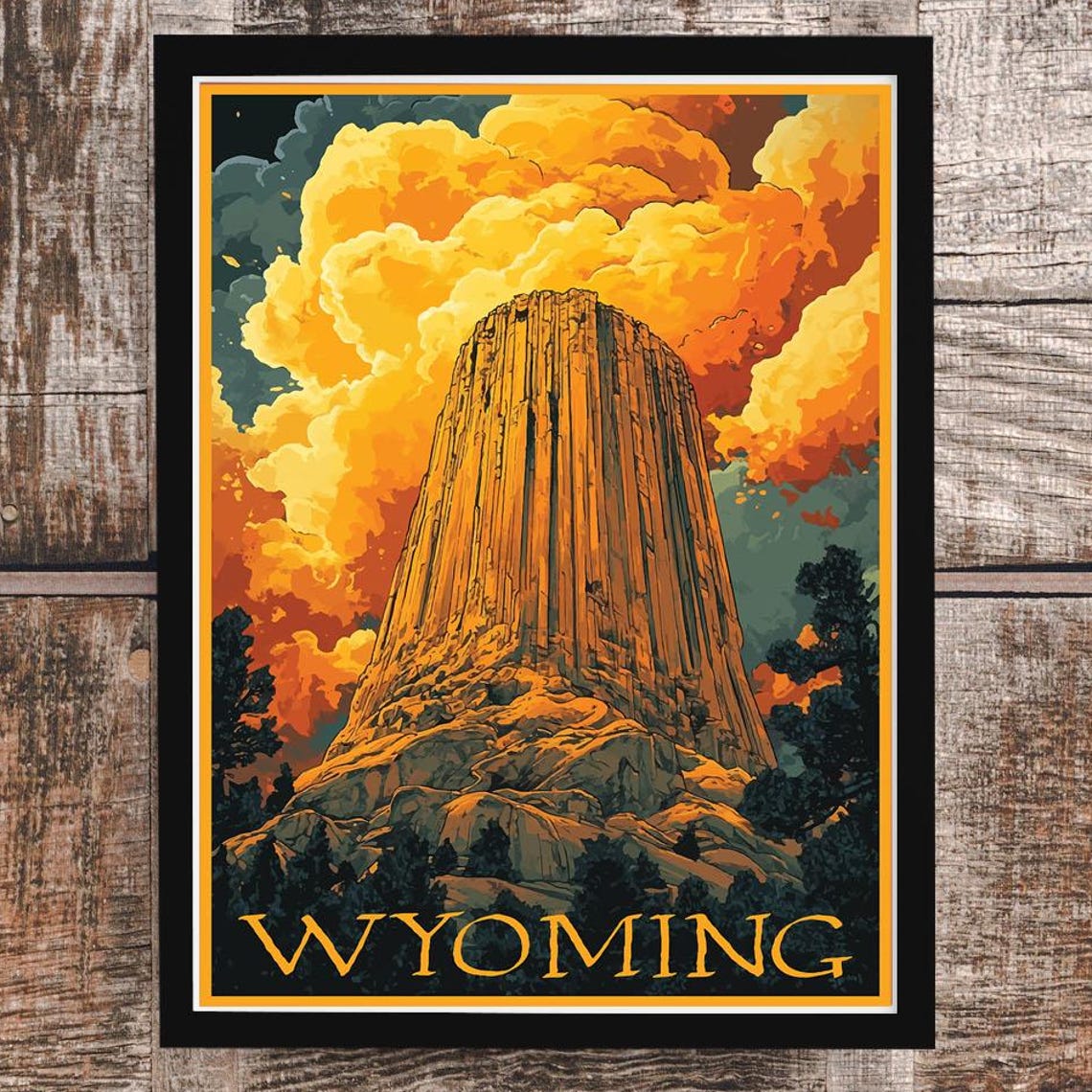 Wyoming Devils Tower Sunset Rock Formation Vintage Travel Poster