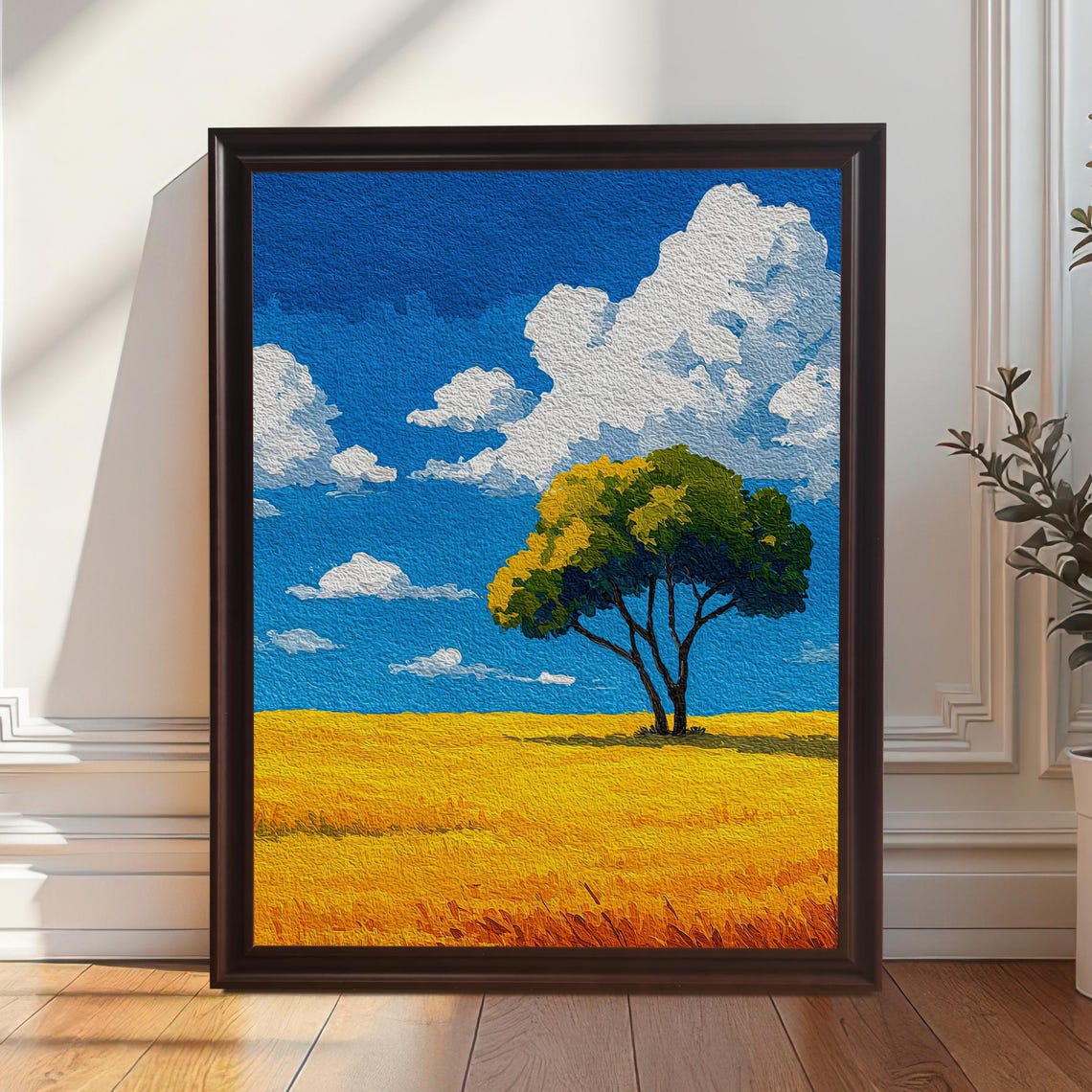 Lone Tree on a Golden Field Under Bright Blue Sky Landscape Poster
