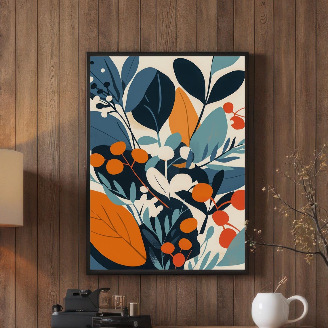 Bold Deep Blue Leaves and Orange Berries Modern Botanical Poster