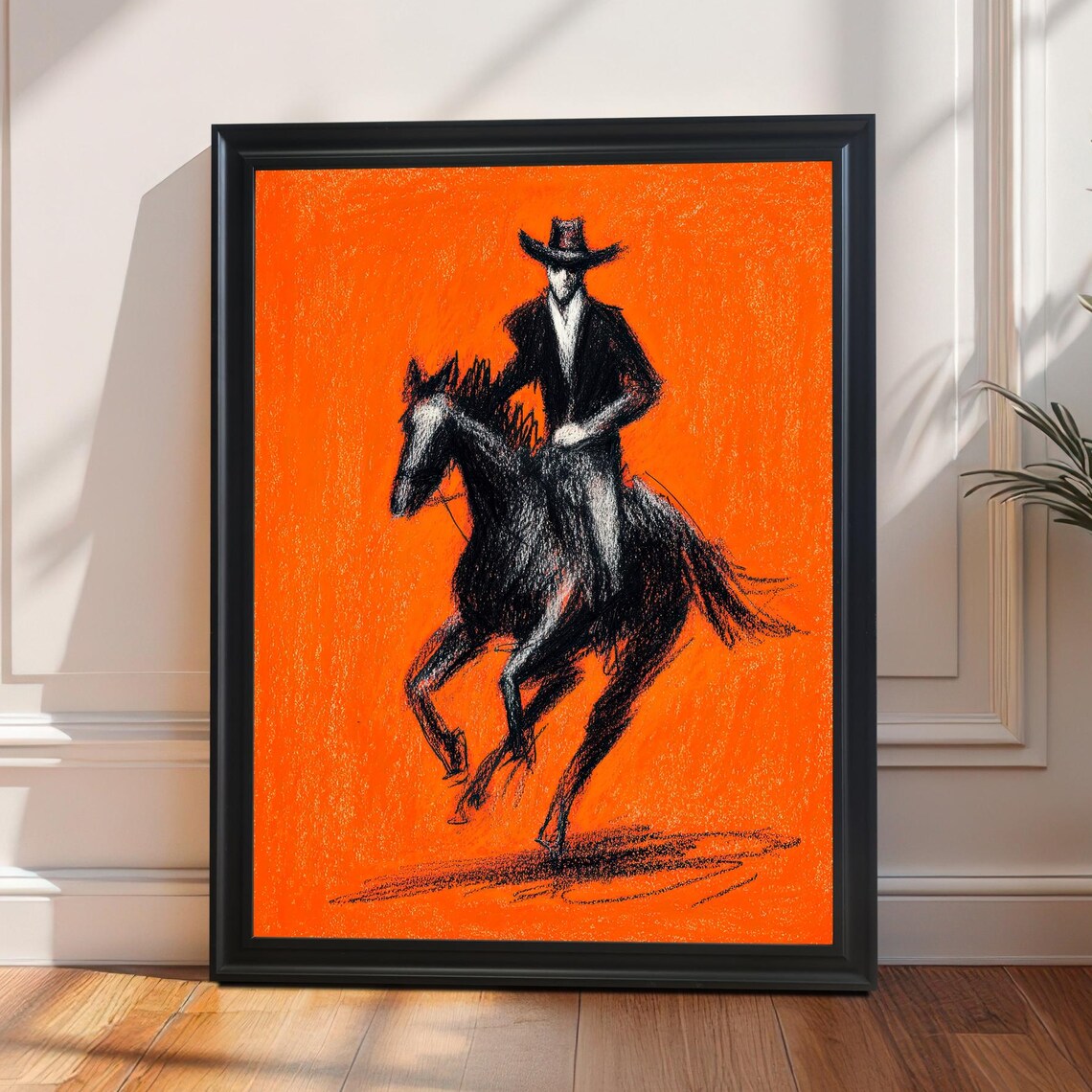 Orange Cowboy Horse Art Print, Abstract Charcoal Sketch