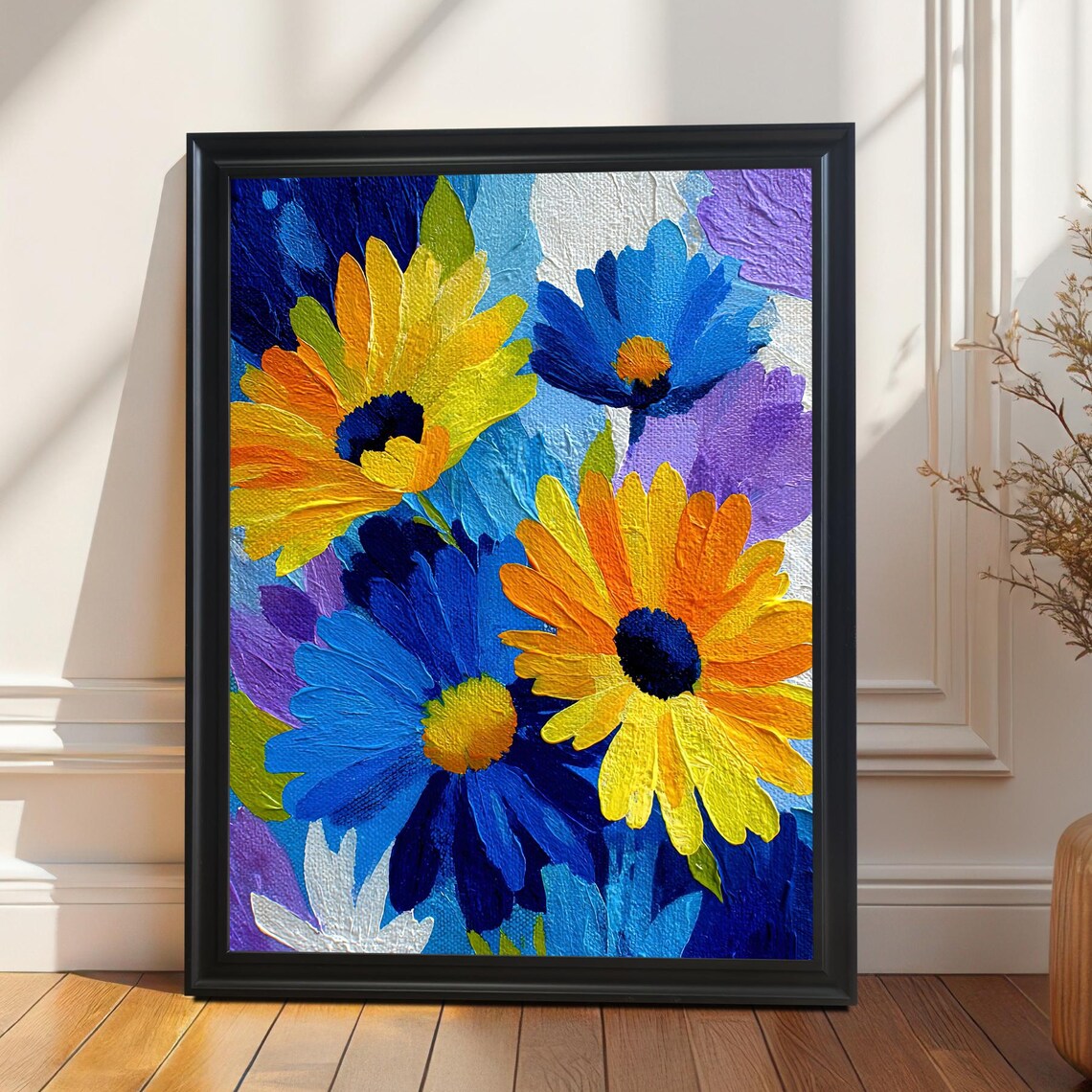 Vibrant Yellow Blue Purple Daisy Impasto Floral Oil Painting Poster