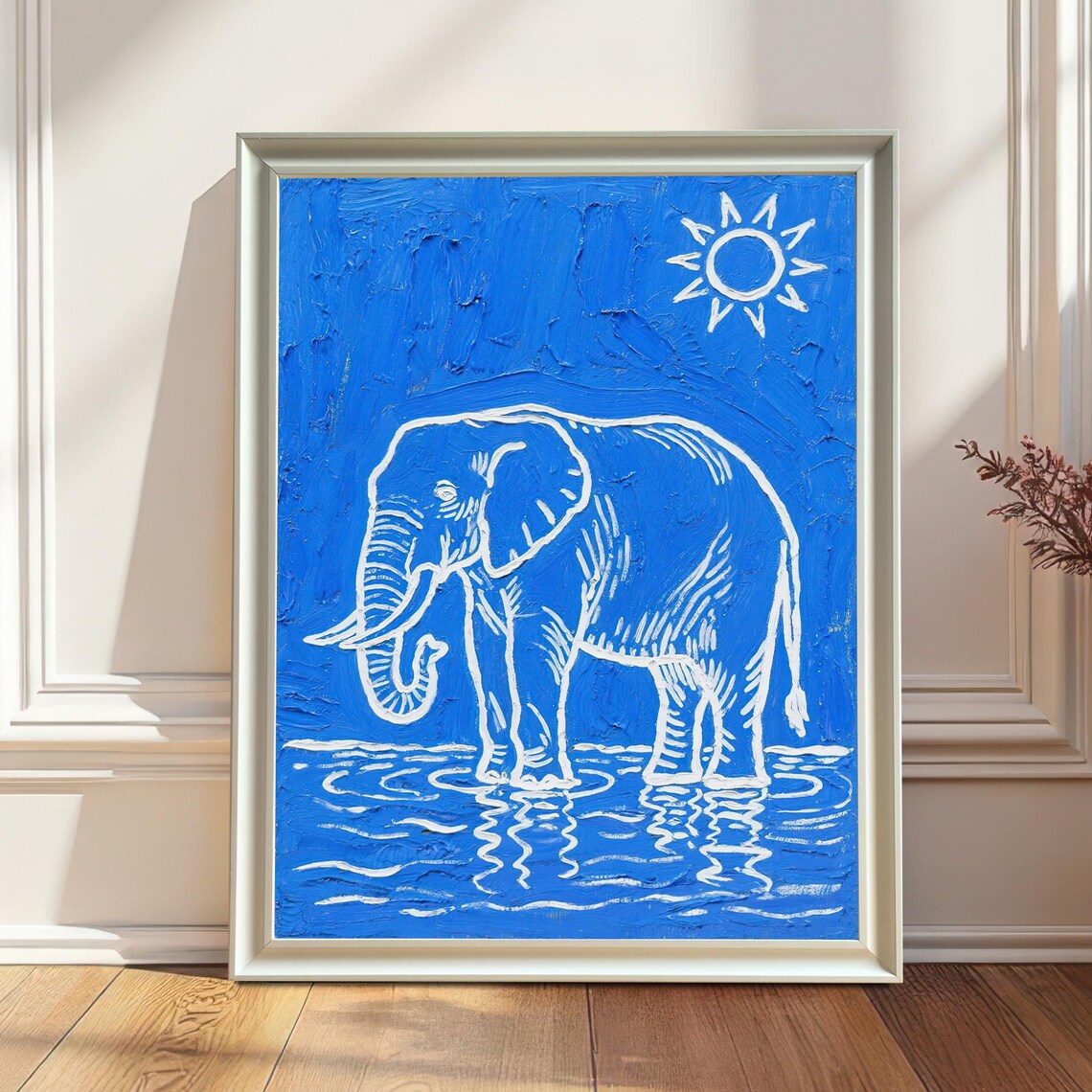 Minimalist White Line Elephant Blue Background Modern Art Poster