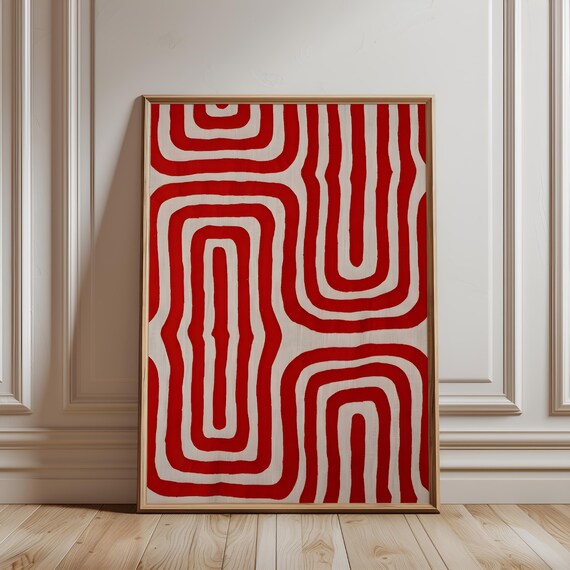 Red Geometric Wall Art Abstract Minimalist Print Modern Pattern Poster Bold Mid Century Decor Retro