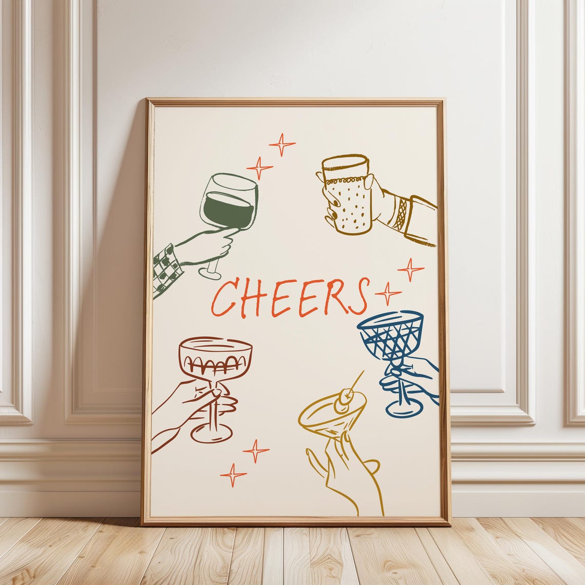 Cheers Cocktail Glasses Retro Hand Drawn Party Toast Art Poster