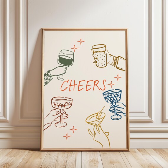 Cheers Cocktail Glasses Retro Hand Drawn Party Toast Art Poster