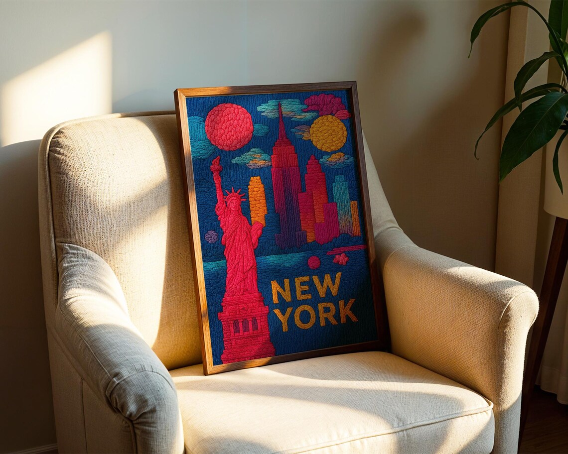 New York City Embroidered Statue Of Liberty Skyline Art Poster - Image 2