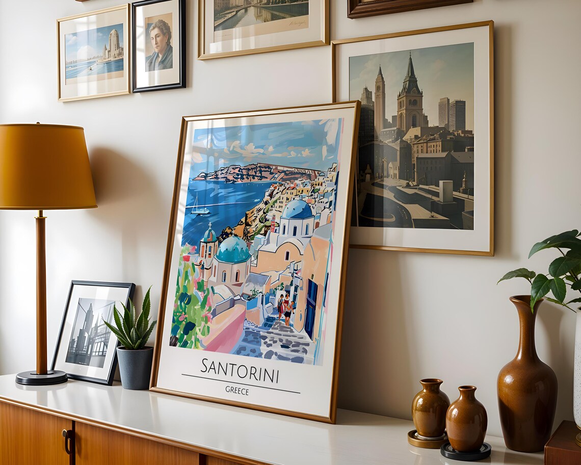 Santorini Greece Blue Domes Caldera Colorful Travel Art Poster - Image 4