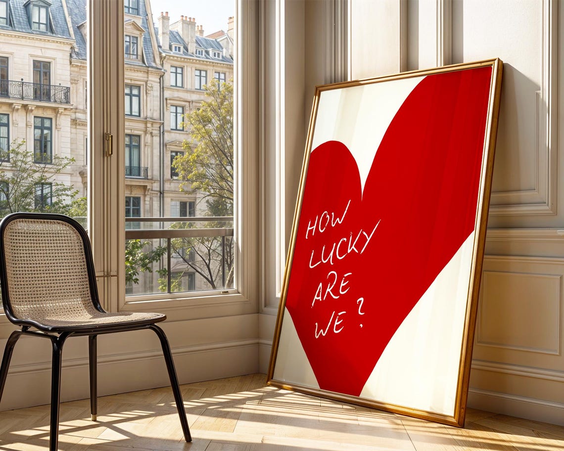How Lucky Are We Red Heart Handwritten Quote Typography Art Poster - Image 5