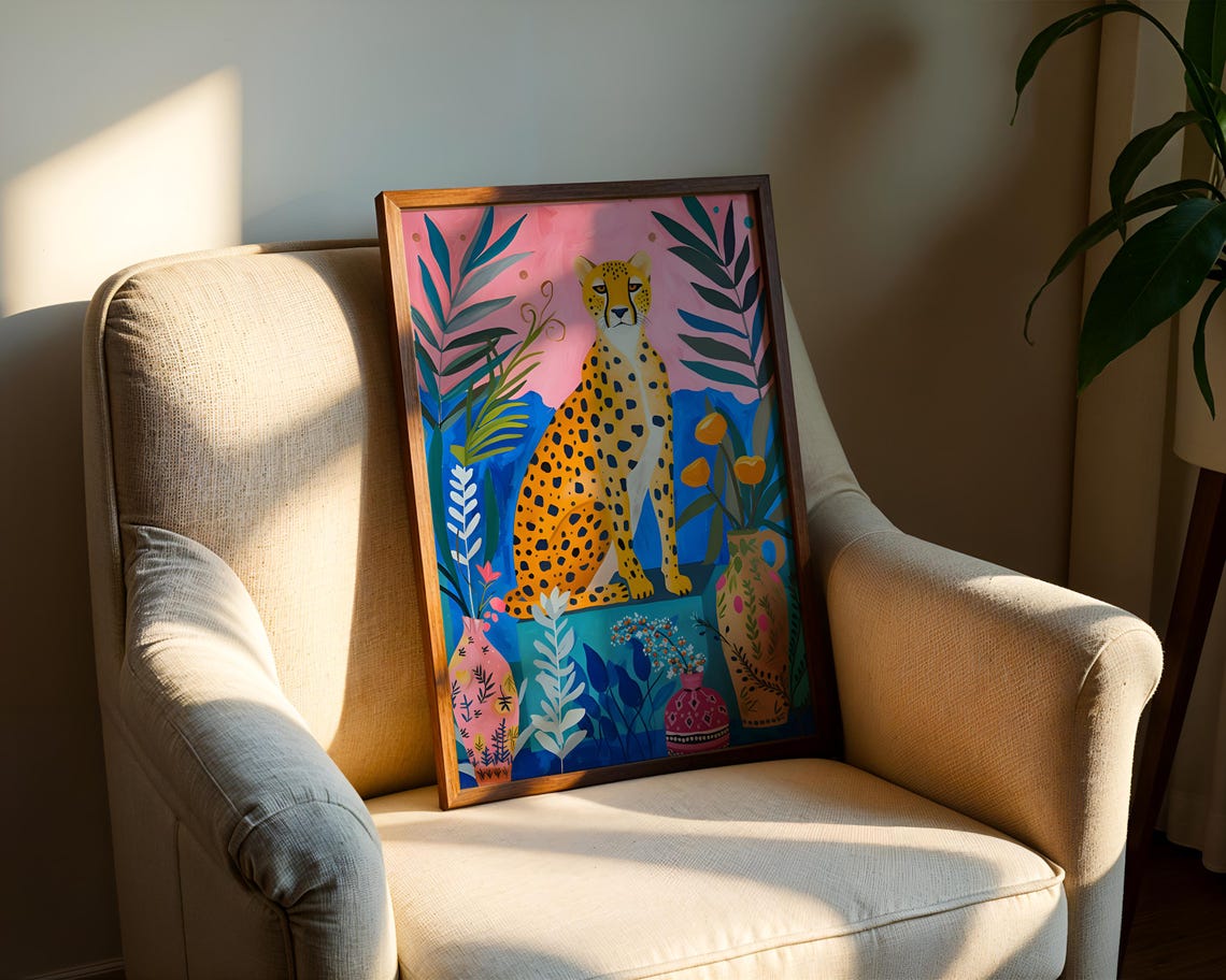 Maximalist Cheetah Pink Wall Art Jungle Animal Print Colorful Botanical Decor Luxury Home Instant - Image 2