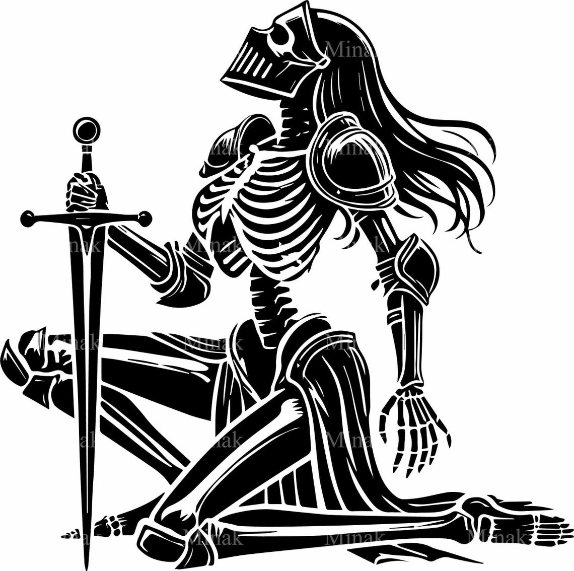 4 Kneeling Skeleton Warrior Svg Gothic Female Knight Holding Sword Fantasy Silhouette Cut File - Image 4